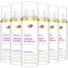 Dove Advanced Dry Shampoo travel-size bottle six-pack delivers refreshed roots and volume.