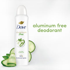 Dove aluminum-free deodorant spray packaging shows a 3-count supply.