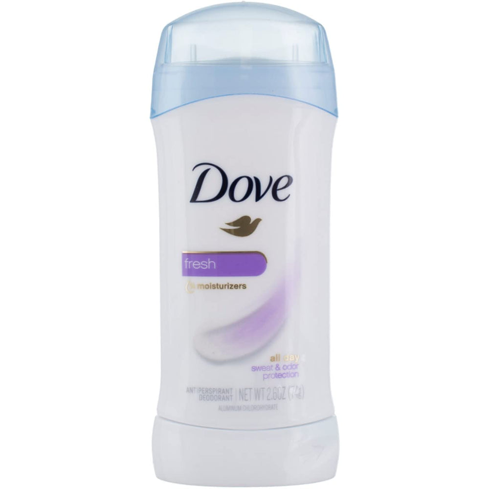 Dove Antiperspirant Deodorant Fresh pack two sticks showcasing 24-hour protection.