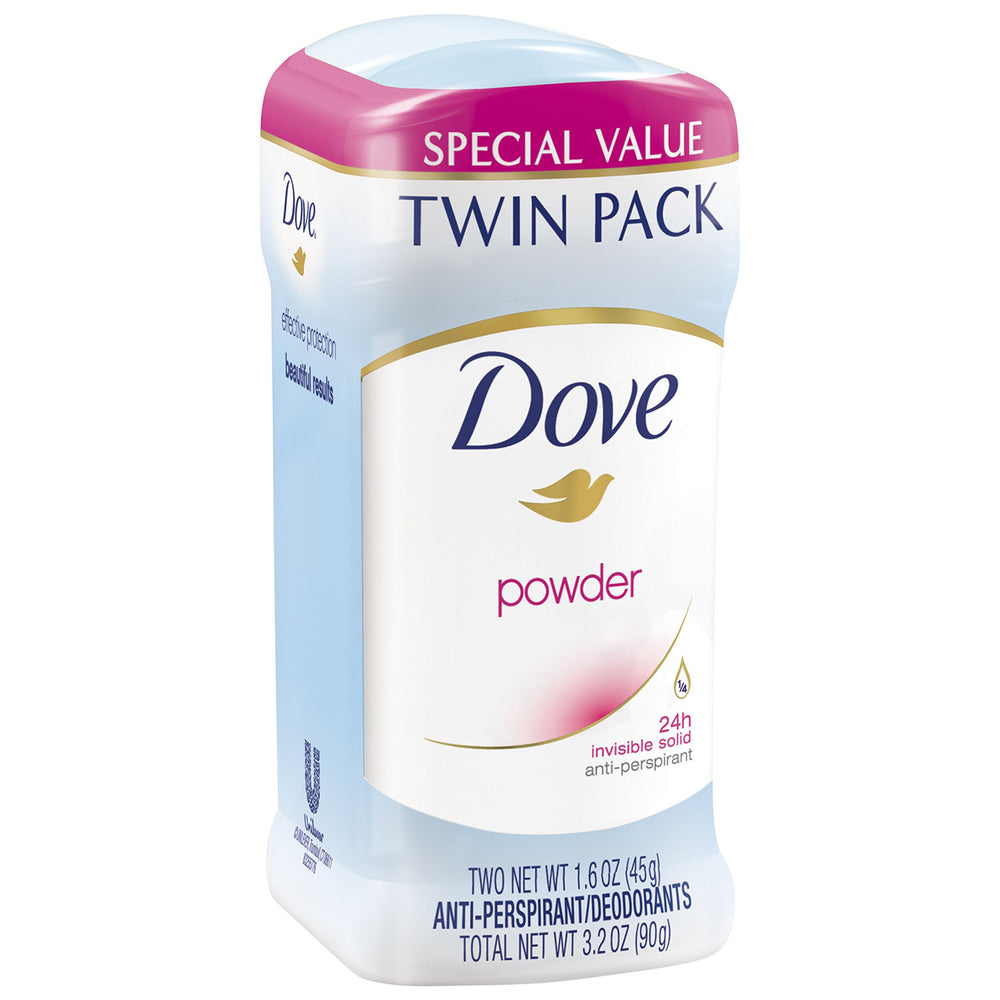 Dove powder antiperspirant twin-pack — easy application swipe for long-lasting odor protection