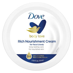 Dove Body Love Rich Nourishment Cream on the face, delivering deep hydration.
