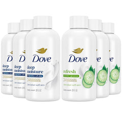Dove body wash travel-size six-pack packshot showcasing on-the-go skin nourishment
