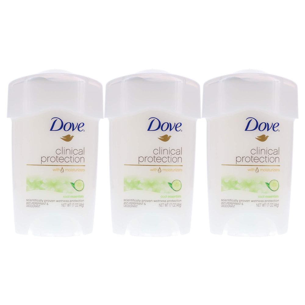 Dove Clinical Protection Cool Essentials pack shot shows three-pack for long-lasting protection.