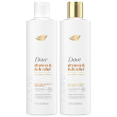Dove DermaCare Shampoo bottle closeup showcases soothing scalp relief and anti-dandruff action.