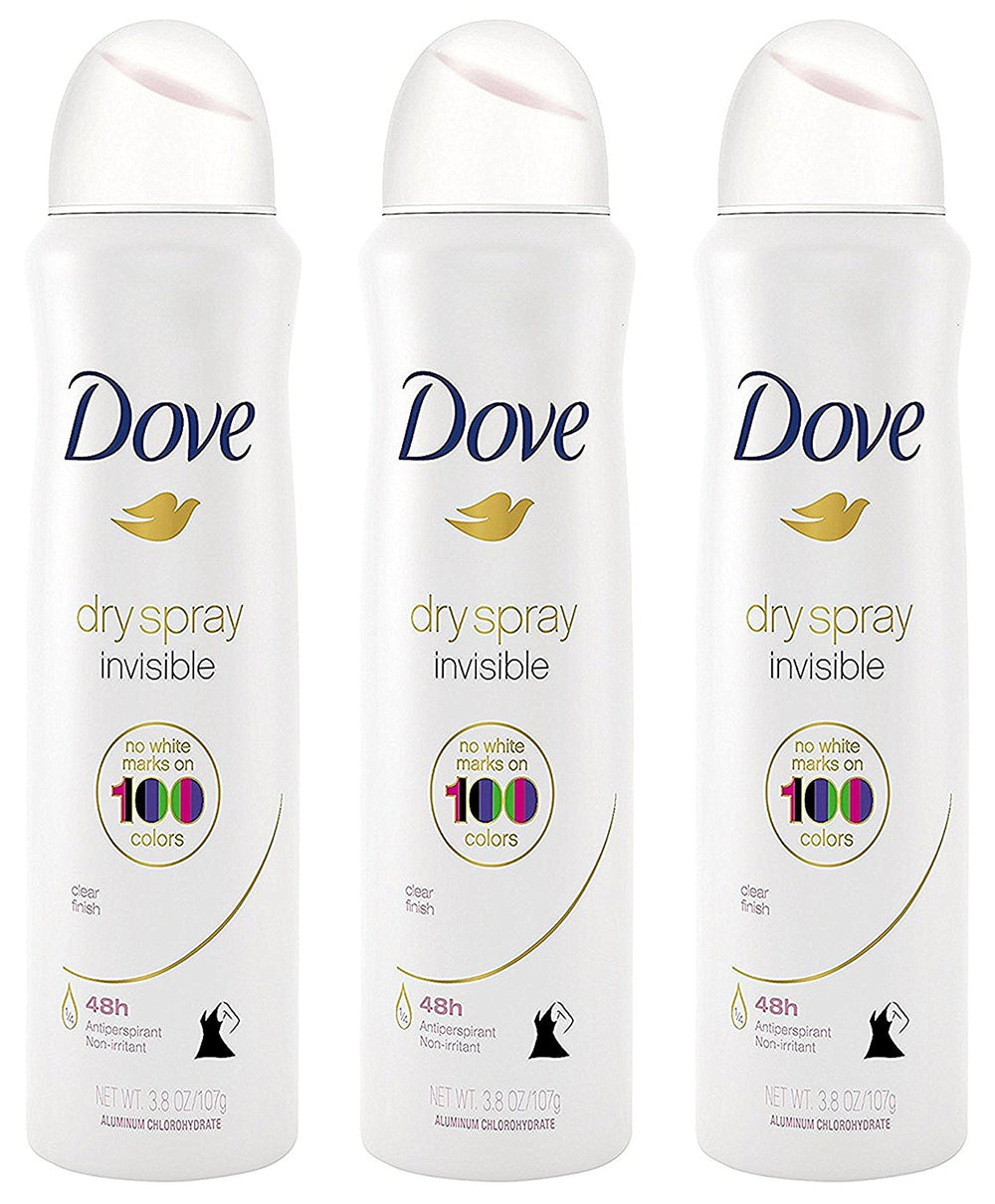Dove Dry Spray antiperspirant invisible finish pack of 3 cans provides all-day freshness