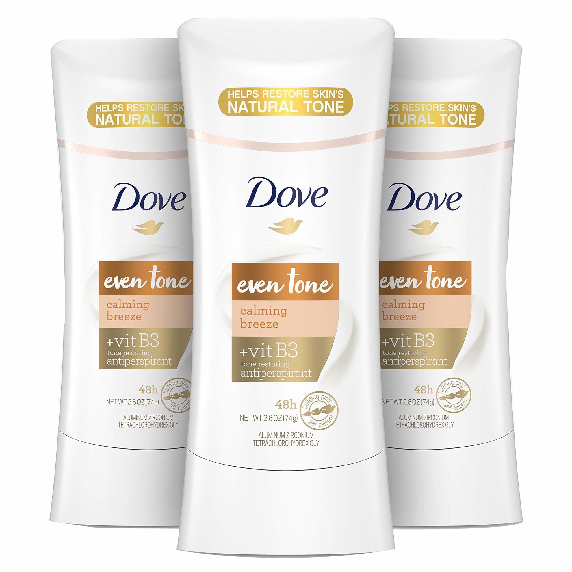 Dove Even Tone front packaging showing three sticks and apple blossom scent benefit
