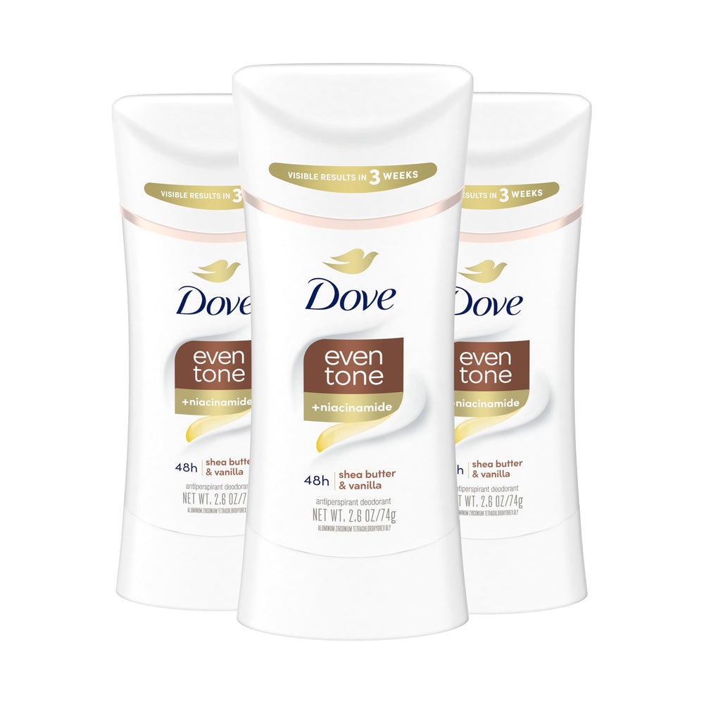 Dove Even Tone Shea Butter Vanilla stick front view showing a three-pack packaging.