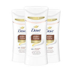 Dove Even Tone Shea Butter Vanilla stick front view showing a three-pack packaging.