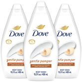 Dove Gentle Pamper Body Wash bottle with warm vanilla scent for hydrating cleanse.