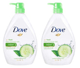 Dove Go Fresh Nourishing Body Wash cucumber-green bottle pour demonstrates refreshing cleansing for daily skin care.
