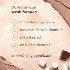 Dove Hot Cocoa Body Scrub image shows exfoliating grains for refreshed skin texture