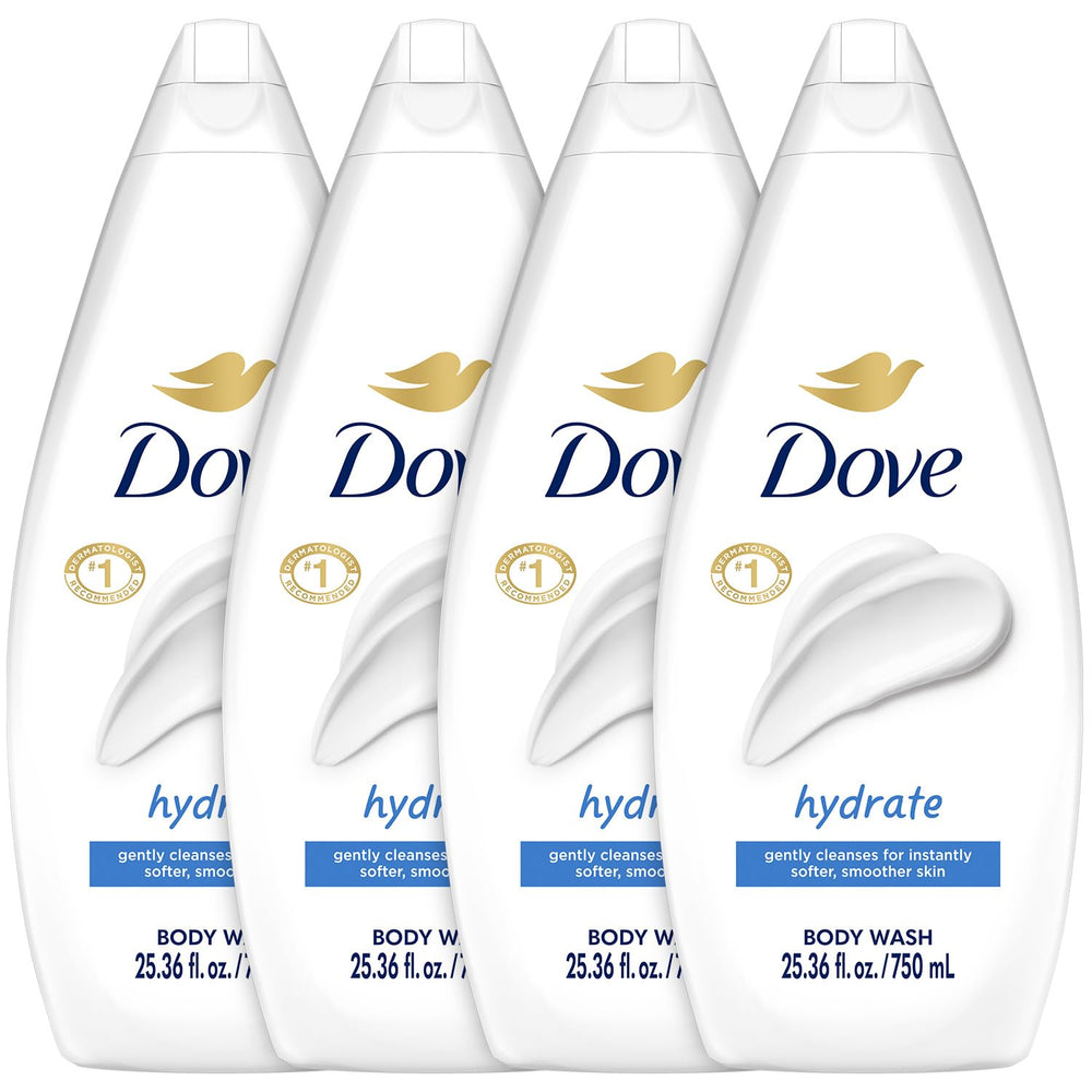 Dove Hydrate four-pack bottles shown for daily moisturizing cleansing.