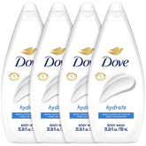 Dove Hydrate four-pack bottles shown for daily moisturizing cleansing.