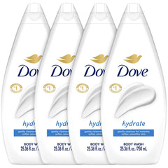 Dove Hydrate four-pack bottles shown for daily moisturizing cleansing.