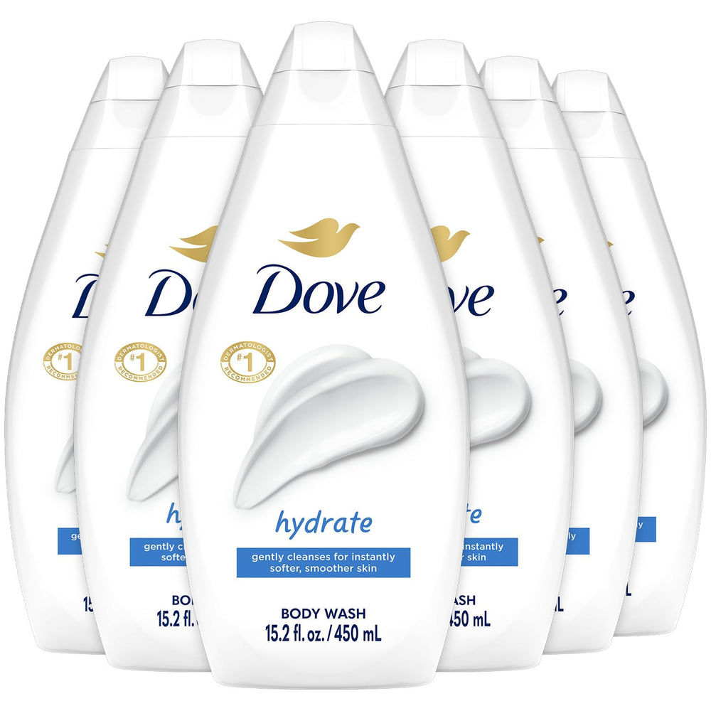 Dove Hydrate Body Wash bottle-front promotes a moisturizing cleanse for softer skin.