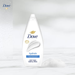 Dove Hydrate closeup highlights rich lather and skin-softening benefits.