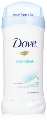 Dove Invisible Solid Sensitive Skin six-pack display showing spill-free protection.