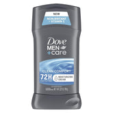 Dove Men+Care Clean Comfort antiperspirant 3-pack packaging promotes extended protection.