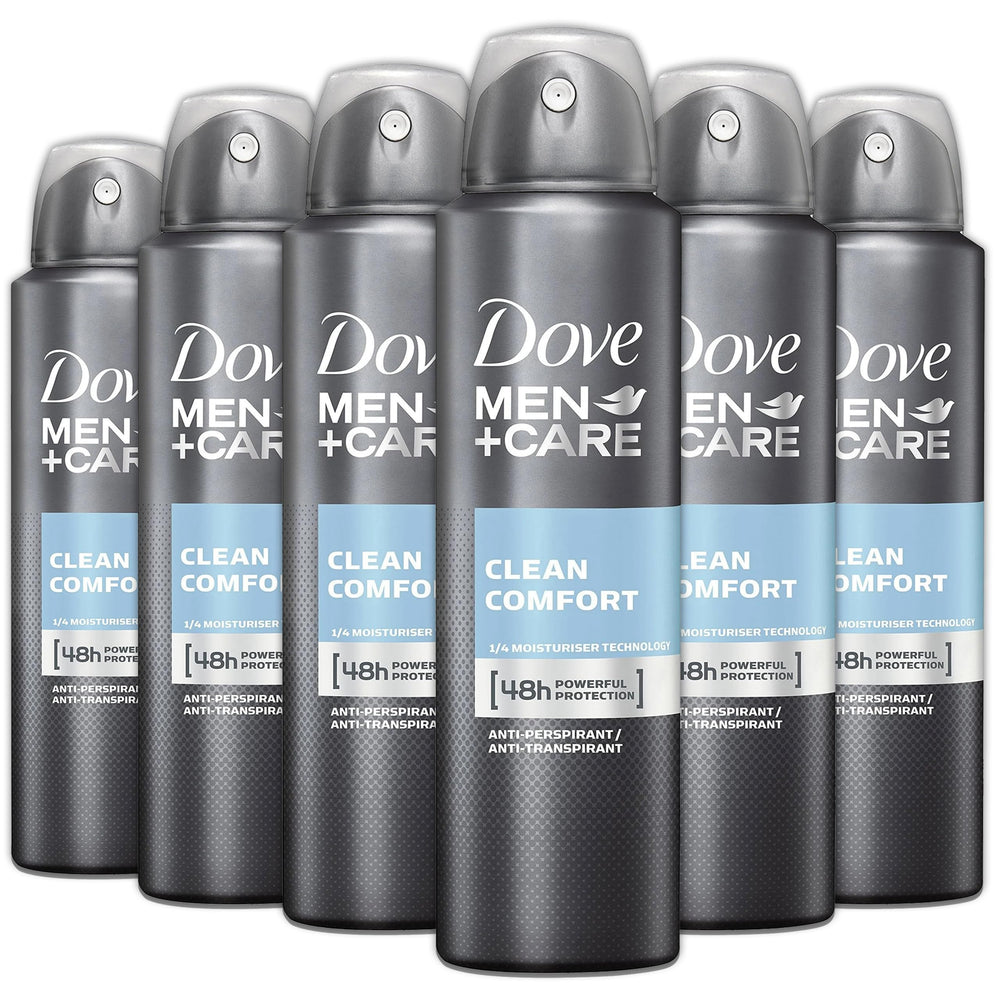 Dove Men+Care Clean Comfort antiperspirant spray pack6 packaging for everyday freshness.