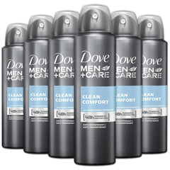 Dove Men+Care Clean Comfort antiperspirant spray pack6 packaging for everyday freshness.