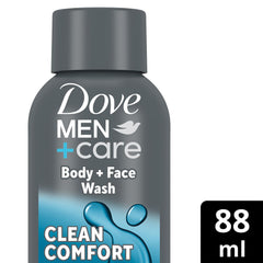 Dove Men+Care Clean Comfort bottle label features lemon and cedarwood scent details.