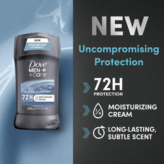 Close-up of Dove Men+Care Clean Comfort deodorant stick during application.