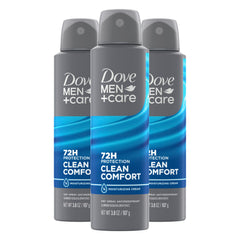 Dove Men+Care Clean Comfort dry spray can demonstrates 72-hour odor and wetness protection for daily use.