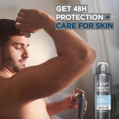 Dove Men+Care Clean Comfort spray application showing quick-dry, non-sticky finish.