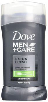 Dove Men+Care Deodorant Stick Extra Fresh closeup with 3-pack packaging and odor protection