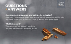 Dove Men+Care Cedarwood Tonka bottle shown for quick-dry protection.