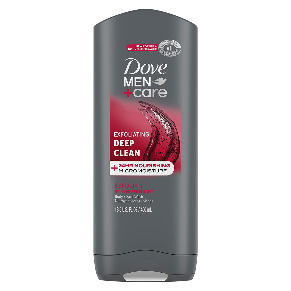 Dove Men+Care exfoliating deep clean bottle in shower for daily ritual.