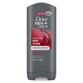Dove Men+Care exfoliating deep clean bottle in shower for daily ritual.