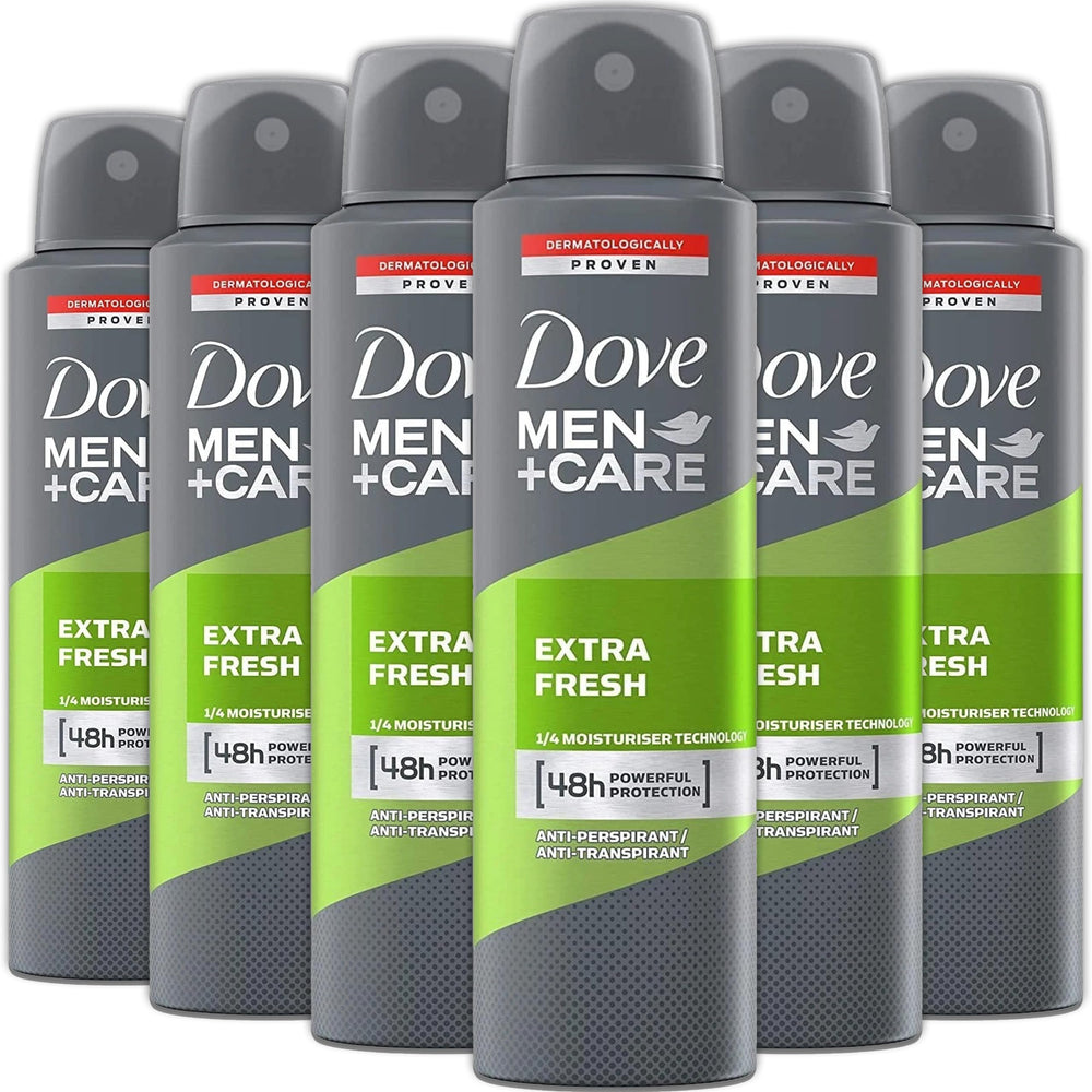 Dove Men+Care Extra Fresh spray bottle delivers lasting daily protection.