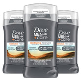 Dove Men+Care Morning Fresco deodorant stick showing aluminum-free formula for odor protection