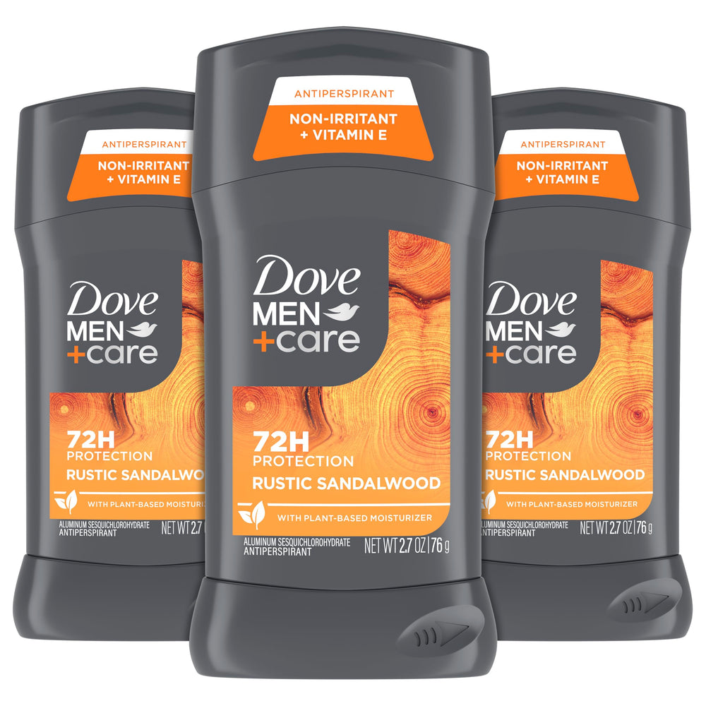 Dove Men+Care Rustic Sandalwood antiperspirant stick 3-pack delivers reliable odor protection for daily wear.