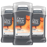 DOVE MEN CARE Rustic Sandalwood deodorant stick close-up, aluminum-free protection for daily use