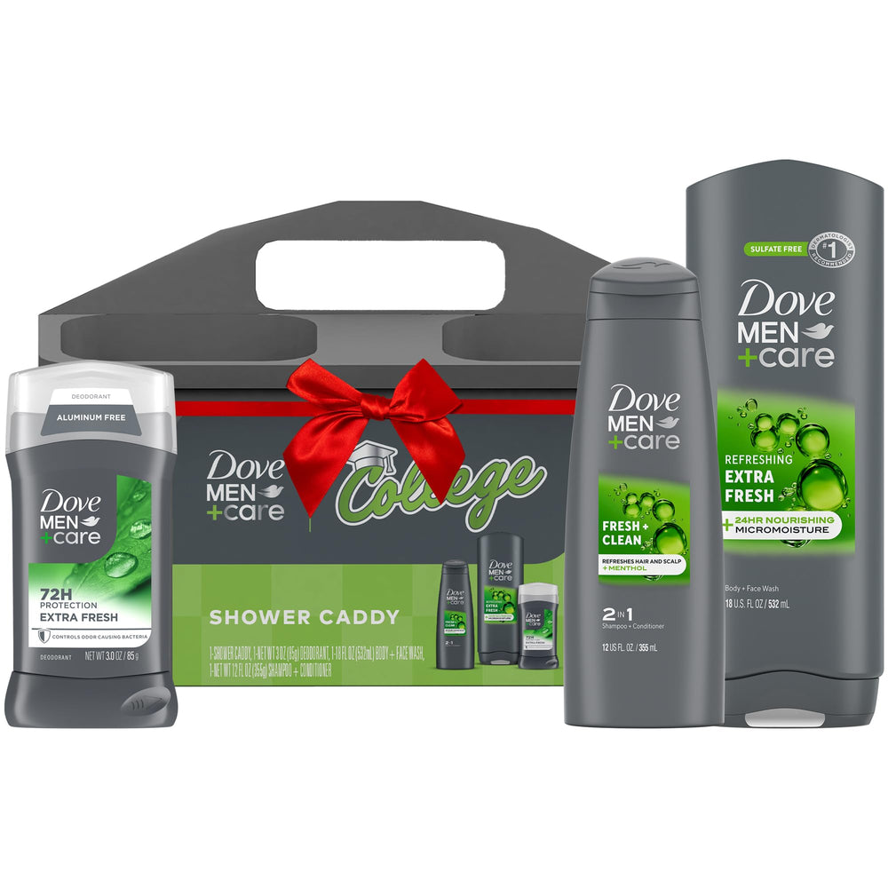 Dove Men+Care shower caddy gift set packaging highlights college-friendly grooming gear.