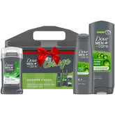 Dove Men+Care shower caddy gift set packaging highlights college-friendly grooming gear.
