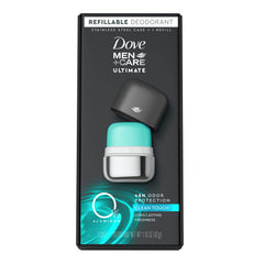 Dove Men+Care ultimate refillable deodorant steel case shown for sustainable long-term use.