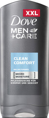 Dove Men Clean Comfort shower gel 400ml bottle provides refreshing daily cleanse.