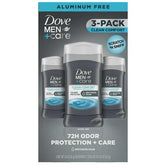 Dove Men+Care Clean Comfort packaging shows aluminum-free sticks for daily freshness