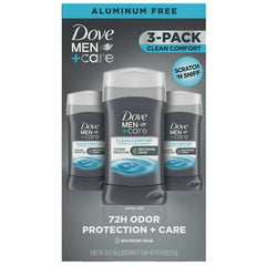 Dove Men+Care Clean Comfort packaging shows aluminum-free sticks for daily freshness