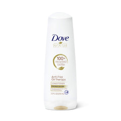 Dove Nutritive Solutions anti-frizz oil-therapy bottle showcases weightless moisture for smooth, manageable hair.