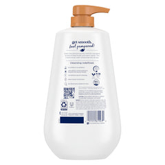 Dove Pamper vanilla scent imagery evokes warm fragrance during shower.