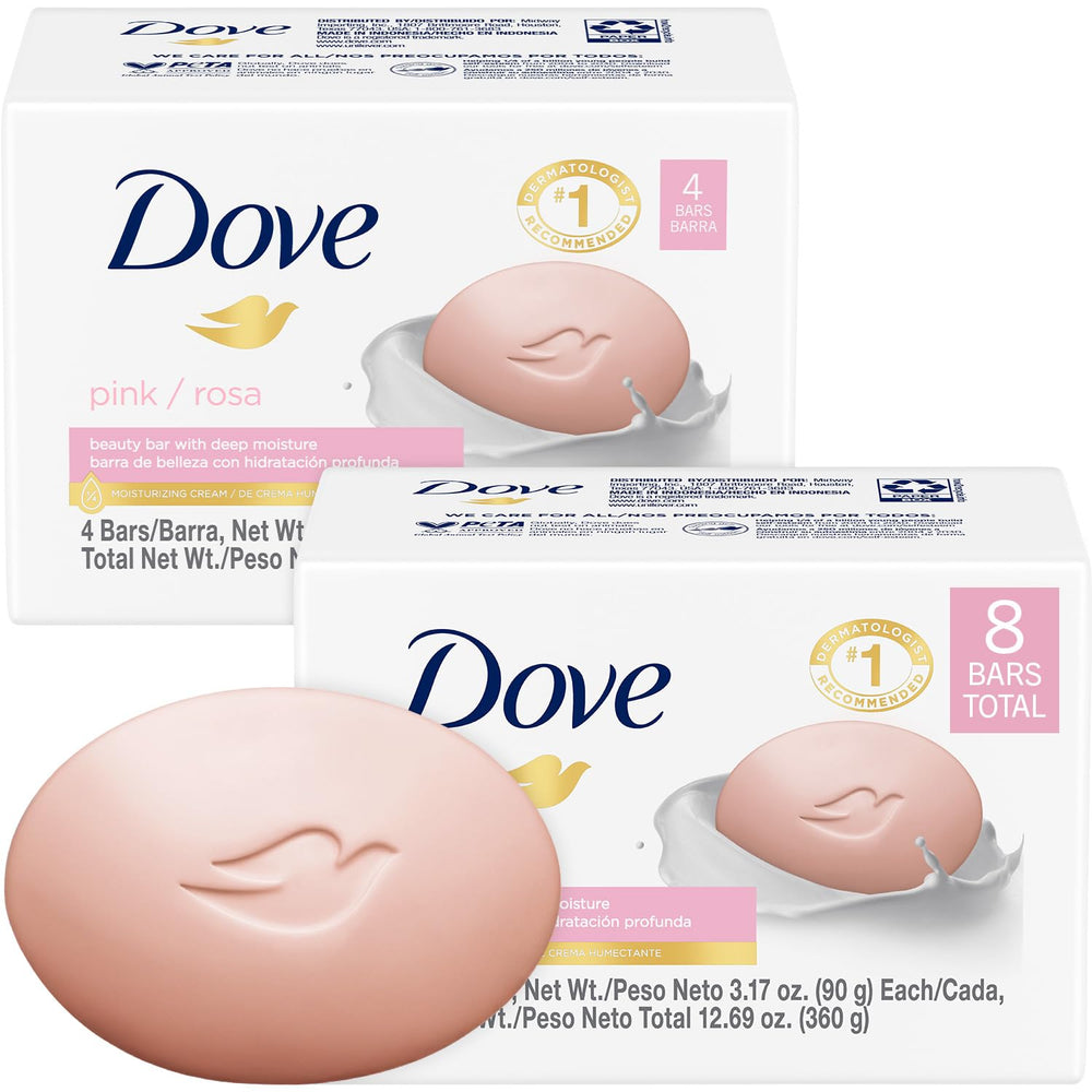 Dove Pink Beauty Bar 2-Pack pack-shot shows versatile, everyday-use soap for face, body, and hands