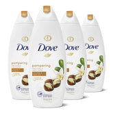 Dove Purely Pampering body wash bottle highlighting shea butter and warm vanilla for nourishing cleanse.