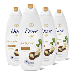 Dove Purely Pampering body wash bottle highlighting shea butter and warm vanilla for nourishing cleanse.