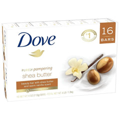 Dove Purely Pampering Shea Butter Bar with warm vanilla packaging invites a pampering routine.