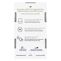 Dove refillable deodorant stainless steel case with lid open, reusable design.