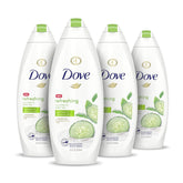 Dove Refreshing Body Wash bottle shows cucumber and green tea for a refreshing cleanse